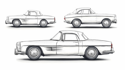 Retro sport car. Hand drawn car front back top and side view. Vector illustration