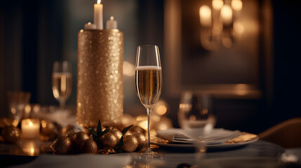 Champagne Glass on Table Setting with Gold Decorations and Candles for Celebration