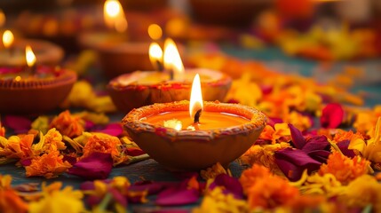 A table covered in orange flowers and lit candles. Scene is warm and inviting