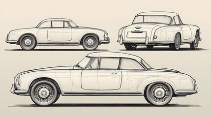 Retro sport car. Hand drawn car front back top and side view. Vector illustration