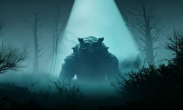 scary monster in fog night forest. Fear and horror. Mistic and ufo concept. Realistic 4K animation.