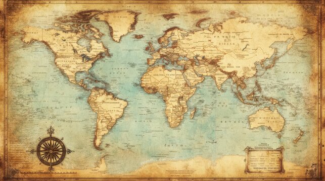 Fototapeta A vintage world map with old ornaments and display settings, symbolizing travel or adventure