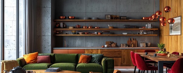 Chic living space with amber kitchen cabinets, wooden shelves, slate grey walls, copper lighting, moss green sofa, and ruby red dining chairs