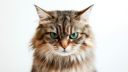 Surprised cat with an angry glare, isolated on a white background, looking funny and dramatic with its wide eyes and fluffed-up fur.