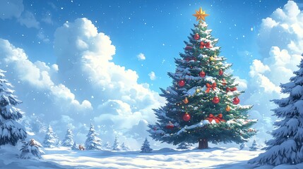 Fototapeta premium Winter Wonderland with Christmas Tree and Snowy Landscape
