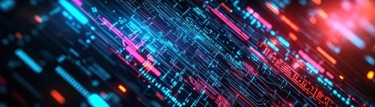 Quantum physics equations, holographic symbols, futuristic data streams, dark background with glowing lines