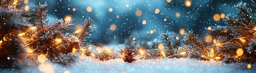 Fototapeta premium Enchanting Winter Fairy Lights in Snowy Scene