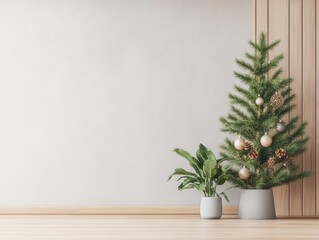 Fototapeta premium Scandinavianstyle room with simple Christmas tree and natural decor, 3D illustration
