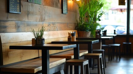 A stylish cafe corner with wooden benches, sleek black tables, and a blend of modern and rustic design, featuring natural lighting.