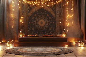 Obraz premium A cozy, illuminated space with a decorative rug and lanterns, ideal for relaxation or meditation.