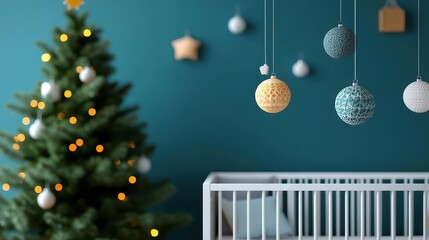 Softly lit nursery with a Christmas tree and festive decor, calm holiday vibe, 3D illustration