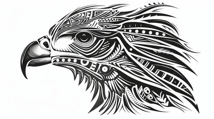 Flat lay of a hawk head with intricate tribal patterns.