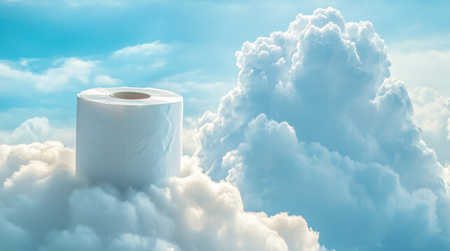 Close up of a toilet paper roll on large fluffy clouds