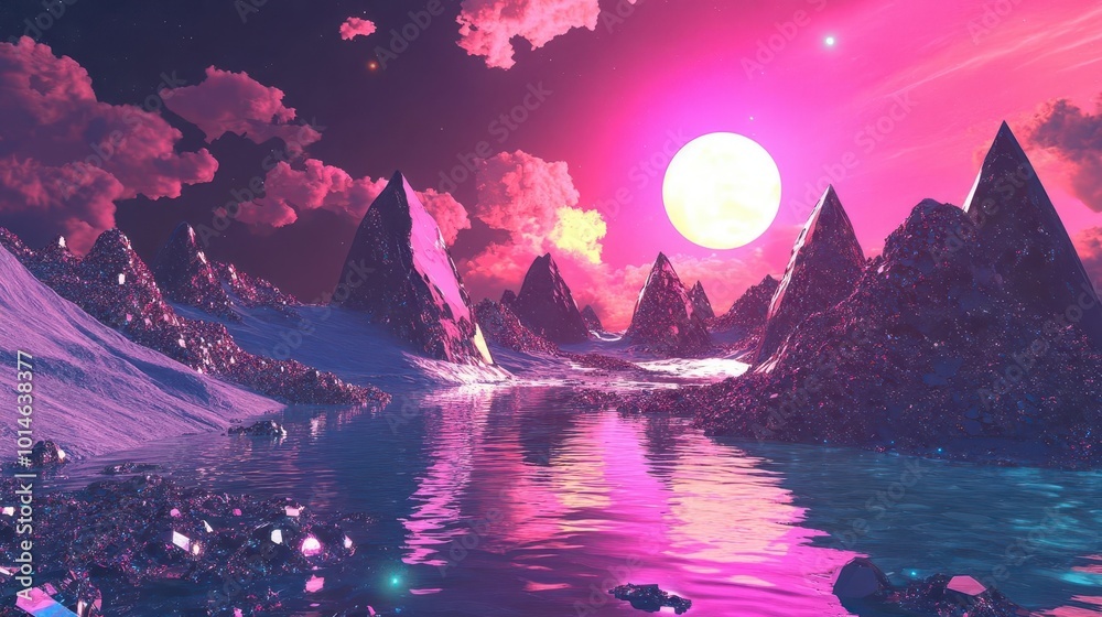 Poster the surface of a planet with diamond mountains and crystal lakes under the light of a binary star sy