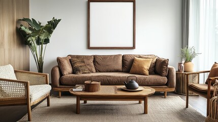 Elegant living room featuring a brown sofa, rattan armchair, wooden coffee tables, a teapot, and a blank mock-up poster frame on the wall. Cozy and warm atmosphere.