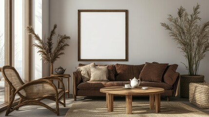 Elegant living room featuring a brown sofa, rattan armchair, wooden coffee tables, a teapot, and a blank mock-up poster frame on the wall. Cozy and warm atmosphere.