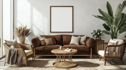 Elegant living room interior with brown sofa, rattan armchair, wooden coffee tables, and a blank poster frame for mock-up. Cozy, personalized decor throughout.