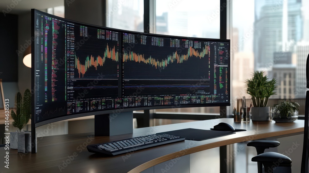 Poster ultra-wide curved monitor setup displaying stock market data, vibrant digital assets, and analytics 