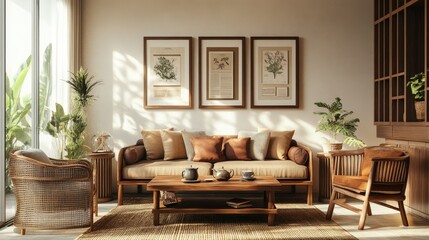 Elegant room with a brown sofa, rattan chair, wooden coffee tables, teapot, and framed mock-up on the wall, with warm home decor and cozy personal touches.