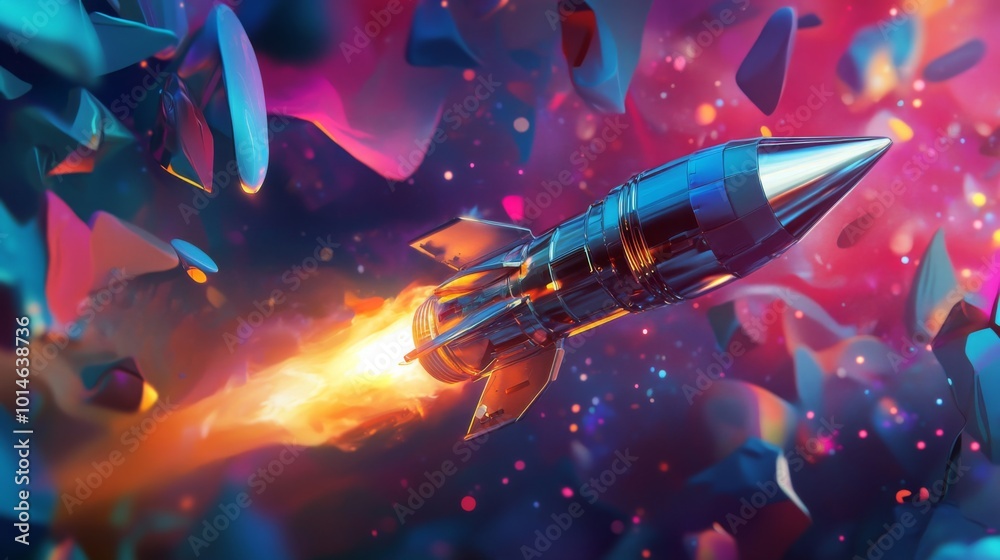 Aufkleber A sleek rocket propels through a vivid cosmic setting, leaving a trail of fiery exhaust. Surrounding it are colorful celestial fragments and swirling patterns of light, creating a dynamic atmosphere.