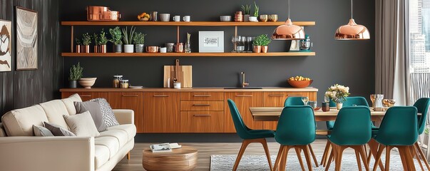 Chic living space with amber kitchen cabinets, wooden shelves, charcoal walls, copper pendant lights, cream sofa, and teal dining chairs