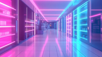A neon lit room with shelves of products