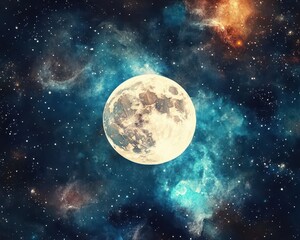 Obraz premium Watercolor moonscape featuring a luminous full moon, casting a soft glow on a starry sky with vibrant nebulae swirling around