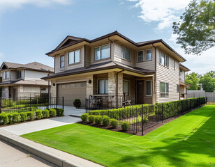 A two-story duplex with light brown siding and a sloped roof, featuring an attached garage for each unit and a spacious backyard.