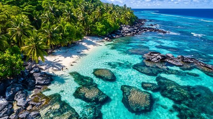 Tropical Island Beach with Crystal Clear Water and Lush Palm Trees