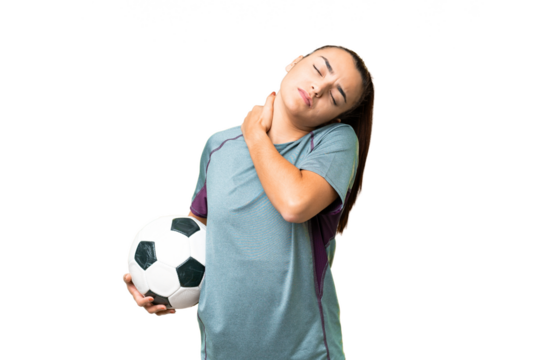 Young football player Woman over isolated chroma key background suffering from pain in shoulder for having made an effort