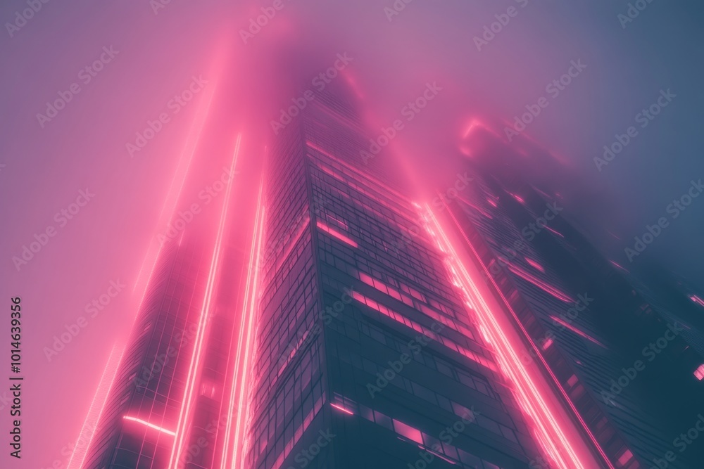 Wall mural Futuristic skyscraper on a white backdrop, showcasing bright neon lights and modern synthwave aesthetics.