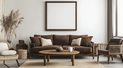 Modern, cozy living room with brown sofa, rattan chair, wooden coffee tables, a teapot, and a blank poster on the wall, decorated with stylish home accessories.