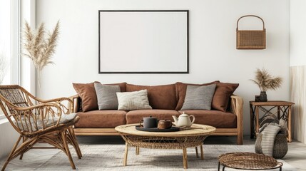 Modern, cozy living room with brown sofa, rattan chair, wooden coffee tables, a teapot, and a blank poster on the wall, decorated with stylish home accessories.