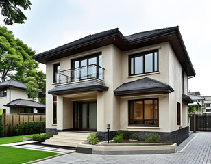 Fototapeta premium A cozy duplex with a beige exterior and charming wooden accents around the windows and doors. Each unit has its own small front porch with space for potted plants or seating.