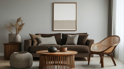 Modern living room interior with a brown sofa, rattan armchair, wooden coffee table, a teapot, and framed poster mock-up on the wall. Neutral colors and elegant decor.