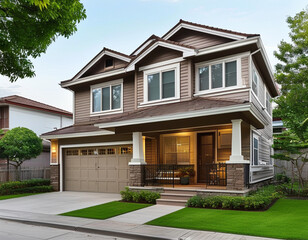 A cozy duplex with a beige exterior and charming wooden accents around the windows and doors. Each unit has its own small front porch with space for potted plants or seating.