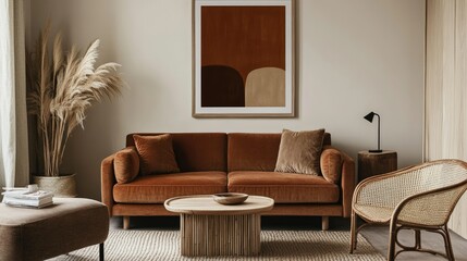 Stylish interior with a brown sofa, rattan armchair, wooden coffee table, and a large mock-up poster frame above the seating area. Minimalist decor with warm tones.