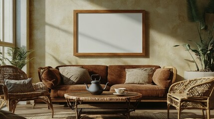 Stylish interior with a brown sofa, rattan chair, wooden coffee table, a teapot, and a large blank mock-up frame on the wall. Warm, welcoming ambiance.