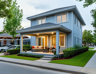 A compact duplex with a simple, functional design, featuring light blue siding and a gray roof. Each unit has a small, covered front patio with space for seating.