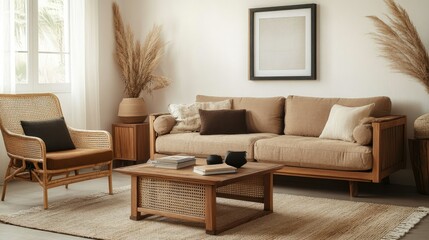 Warm living room interior with brown sofa, wooden coffee tables, rattan armchair, and a mock-up poster frame on the wall. Decorated with personal accessories.