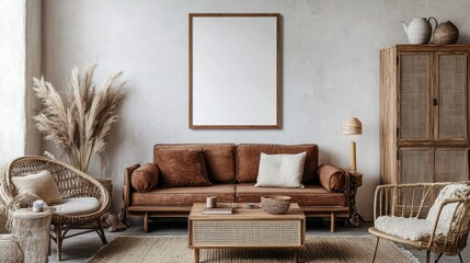 Warm living room interior with brown sofa, wooden coffee tables, rattan armchair, and a mock-up poster frame on the wall. Decorated with personal accessories.