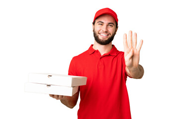 pizza delivery man with work uniform picking up pizza boxes over isolated chroma key background happy and counting four with fingers