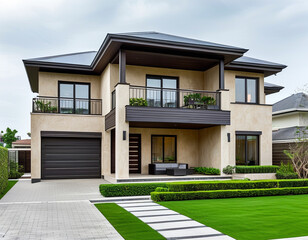 A two-story duplex with beige stucco walls and contrasting dark wood accents. Each unit has its own private balcony on the second floor, providing space for small outdoor furniture or plants.