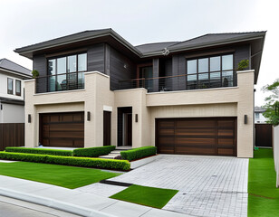 A two-story duplex with beige stucco walls and contrasting dark wood accents. Each unit has its own private balcony on the second floor, providing space for small outdoor furniture or plants.