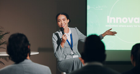 Speaker, woman and presentation for innovation workshop or corporate responsibility as employees....