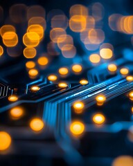 Close-up of a circuit board with glowing orange lights, representing technology and innovation in the digital age.