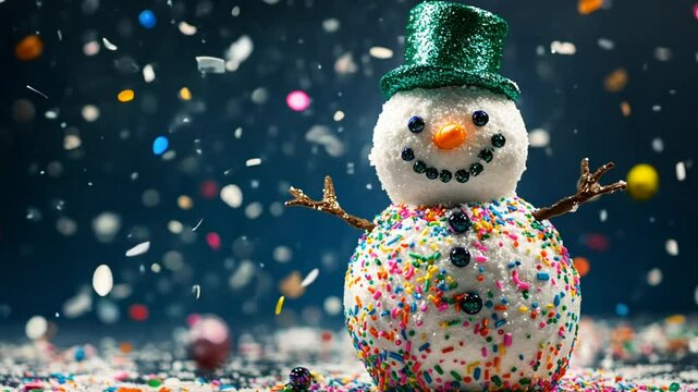 raditional real snowman on a dark blue solid color background with flying red gold and green metallic confetti