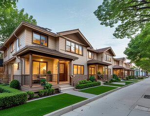A cozy duplex with a beige exterior and charming wooden accents around the windows and doors. Each unit has its own small front porch with space for potted plants or seating.
