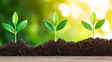Naklejka premium Fresh green seedlings growing in rich soil, symbolizing growth, renewal, and the beauty of nature in a vibrant atmosphere.