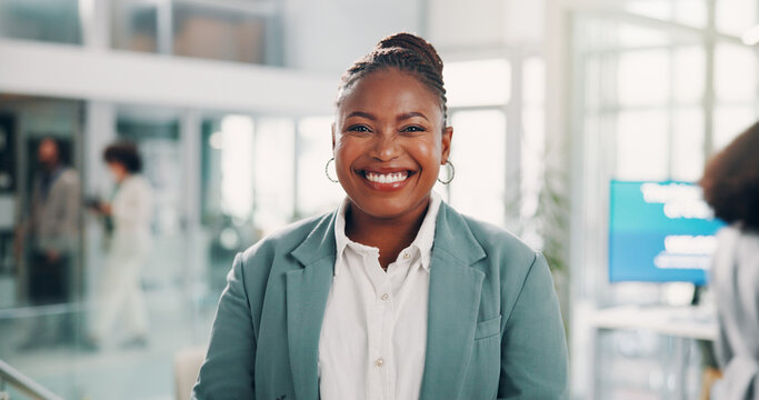 Career, black woman and portrait in office for business, laughing and pride for conference. Professional, female person and public relations manager with confidence for event, ambition and positive